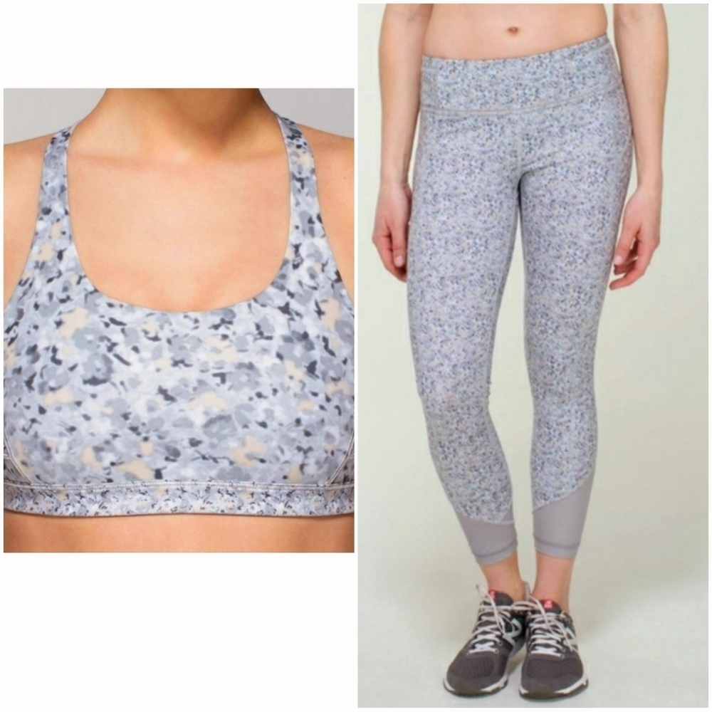 Lululemon Floral Set Bra And 7/8 Tight. "Petite Fleur". Light Grey, Tan. Size 4.